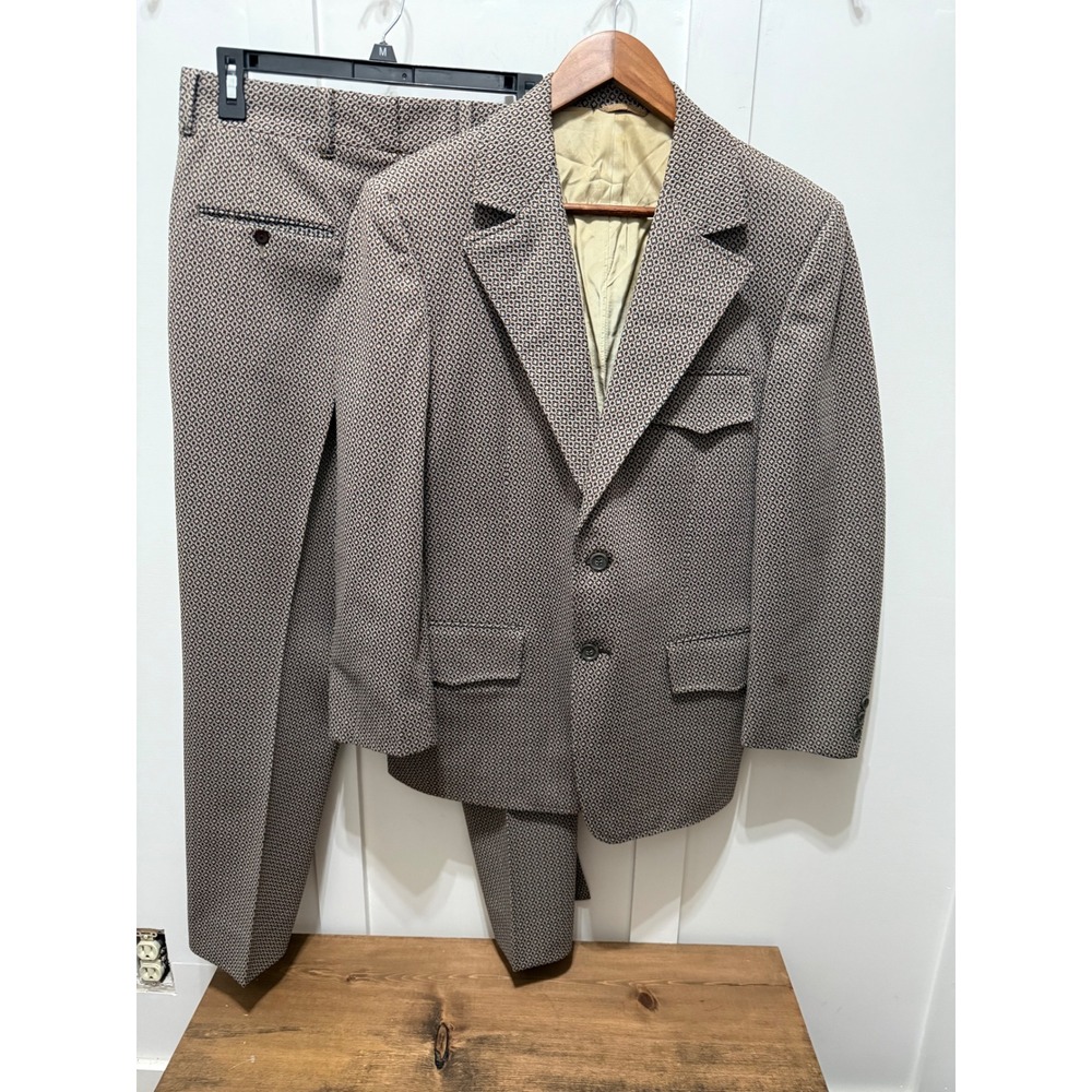 Vintage 70s Brown Geometric Diamond Knit Two Piece Suit Blazer Trousers Set